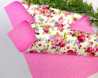 Floral Faux Leather Sheet: Pink Glitter Backing, DIY Craft (8x11 inches)