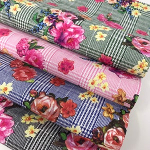 May include: Four pieces of fabric with a plaid pattern and floral print. The fabric is in shades of green, pink, blue, and black.