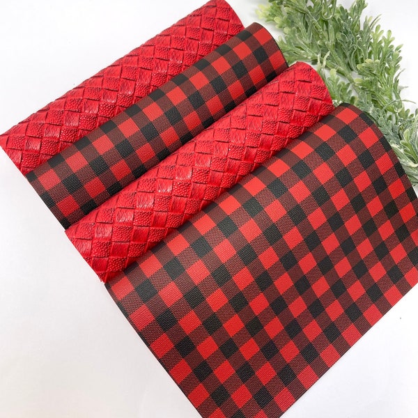 Red  Two tone Basketweave design faux leather. Red Plaid PVC. Texture faux leather sheets. Craft supplies Thickness 1.2mm