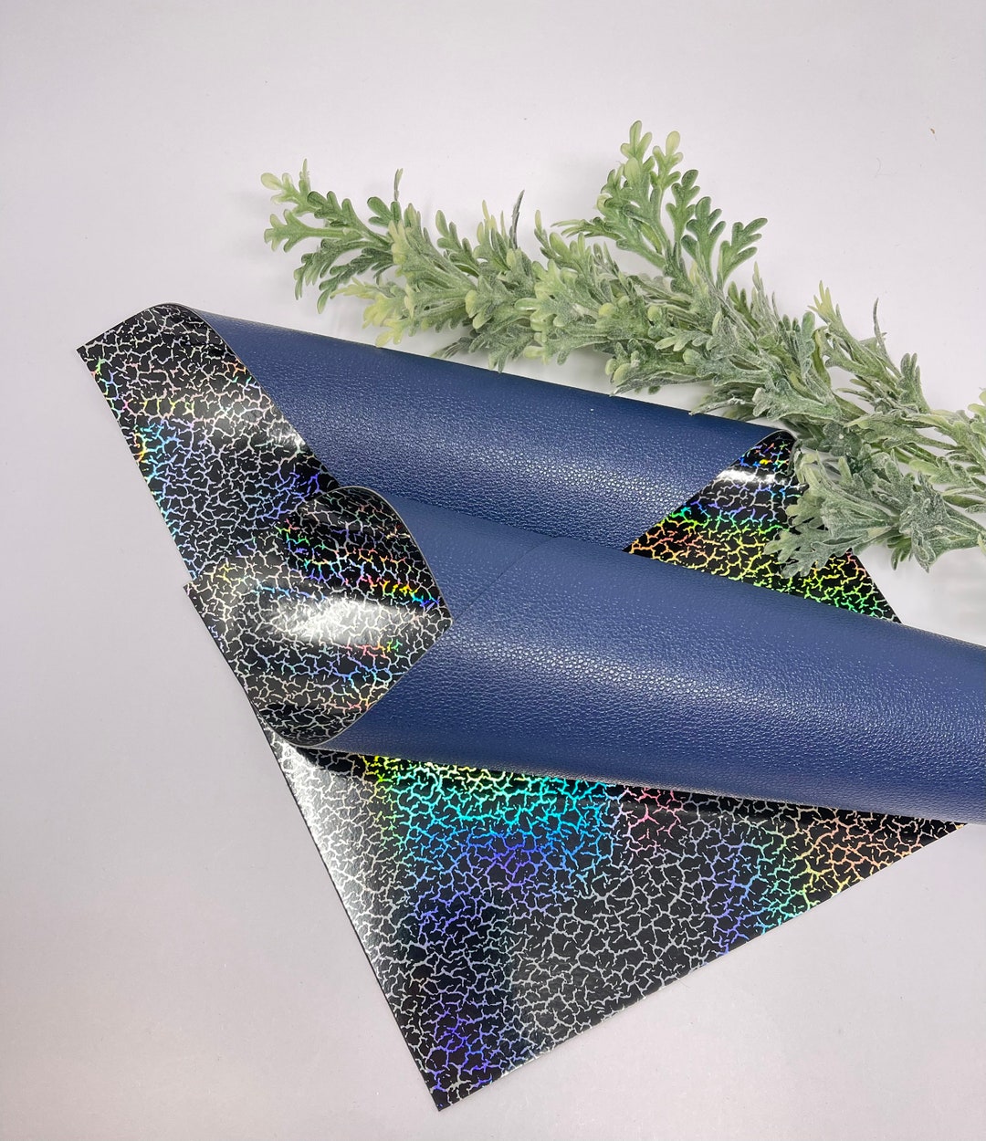 K166 Dark Navy Double Sided Faux Leather Sheet. Black Holographic