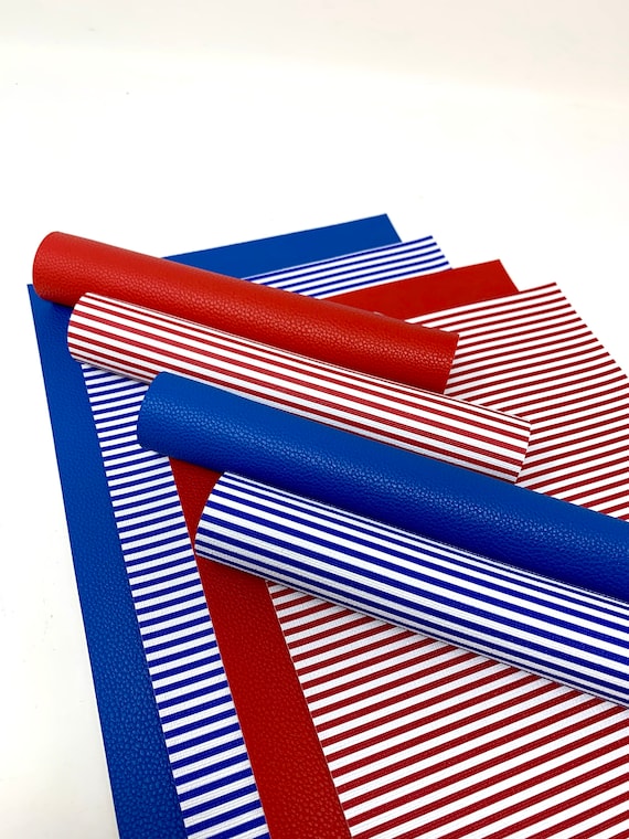 Red and blue leather sheets. Faux lether sheets. Pvc leather sheets. Crfat supplies. Hair bow supplies. Stripes pvc leather sheets C01