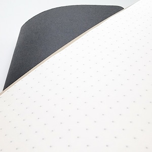 Puede incluir: Un cuaderno parcialmente abierto con una cubierta negra y p&aacute;ginas blancas con puntos. Las p&aacute;ginas son de color crema con puntos grises espaciados uniformemente. La cubierta es gris oscuro.
