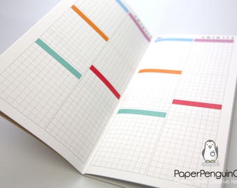 May include: Open notebook with grid paper and colorful horizontal bars in orange, teal, and red. The notebook has a penguin logo in the bottom right corner and the text "PaperPenguinCo."