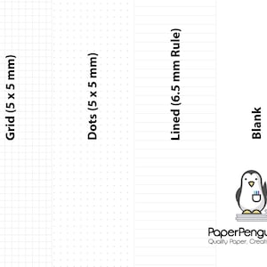 Puede incluir: Un dise&ntilde;o de papel blanco con secciones etiquetadas como "Cuadr&iacute;cula (5 x 5 mm)", "Puntos (5 x 5 mm)", "Rayado (Regla de 6,5 mm)" y "En blanco". Un ping&uuml;ino de dibujos animados con un bol&iacute;grafo est&aacute; en la esquina inferior derecha, con el texto "PaperPenguinCo."