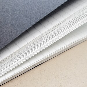 Puede incluir: Primer plano de un cuaderno con una cubierta gris oscuro y p&aacute;ginas cuadriculadas. Las p&aacute;ginas son blancas con un sutil patr&oacute;n de cuadr&iacute;cula, y la cubierta tiene una apariencia texturizada. El cuaderno est&aacute; abierto, revelando las p&aacute;ginas interiores.
