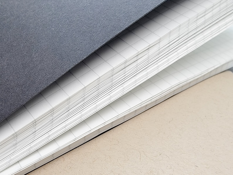 Puede incluir: Primer plano de un cuaderno con una cubierta gris oscuro y p&aacute;ginas cuadriculadas. Las p&aacute;ginas son blancas con un sutil patr&oacute;n de cuadr&iacute;cula, y la cubierta tiene una apariencia texturizada. El cuaderno est&aacute; abierto, revelando las p&aacute;ginas interiores.