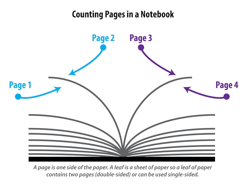 Puede incluir: Diagrama que ilustra c&oacute;mo contar p&aacute;ginas en un cuaderno. La imagen muestra un cuaderno abierto con flechas que apuntan a las p&aacute;ginas 1, 2, 3 y 4. El texto explica que una p&aacute;gina es una cara del papel.