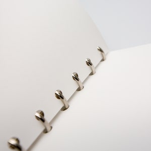 May include: Open notebook with white pages and silver metal binder rings. The pages are blank, ready for notes or sketches. The notebook is open, revealing the binding and the clean, unused paper.