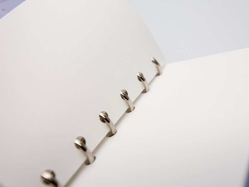 May include: Open notebook with white pages and silver metal binder rings. The pages are blank, ready for notes or sketches. The notebook is open, revealing the binding and the clean, unused paper.