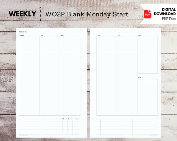 W324: Printable Insert Half Letter Blank WO2P Week on 2 Page Vertical Monday Start Lists Habit Tracker Notes