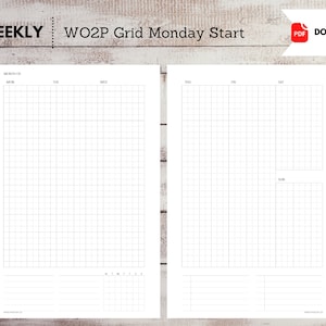 Puede incluir: Una plantilla de planificador semanal de dos páginas con un diseño de cuadrícula. La página izquierda es para el lunes, martes y miércoles, y la página derecha es para el jueves, viernes, sábado y domingo. La parte superior de la página dice "WEEKLY WO2P Grid Monday Start".