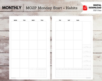 M302: Printable Insert Half Letter MO2P Monthly Undated Monday Start Habits Daily Weekly