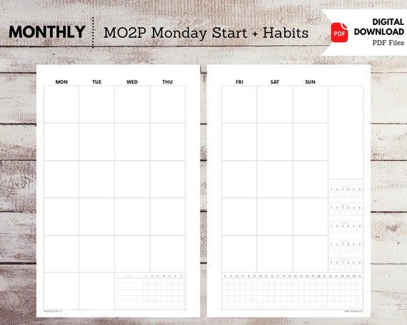 M302: Printable Insert Half Letter MO2P Monthly Undated Monday Start Habits Daily Weekly