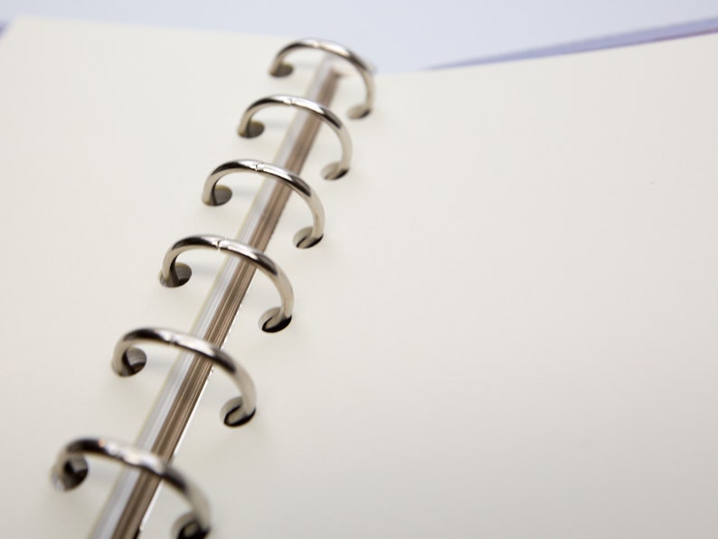 May include: Close-up of an open notebook with a silver metal binder. The notebook has blank, off-white pages. The binder is made of six curved metal rings. The background is a soft, blurred white.
