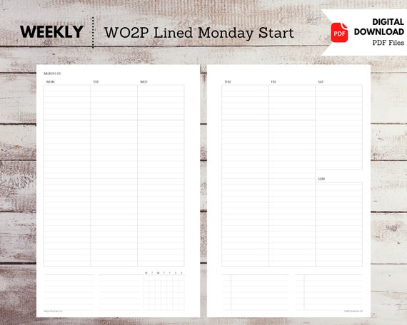 W323: Printable Insert Half Letter Lined WO2P Week on 2 Page Vertical Monday Start Lists Habit Tracker Notes