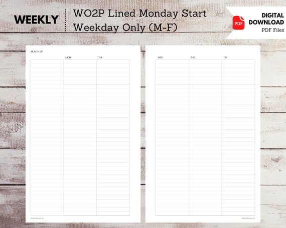 W325: Printable Insert Half Letter Lined WO2P Week on 2 Page Vertical Weekday Only Monday Start