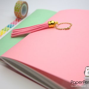 May include: A pink notebook with a gold tassel and a light green notebook are displayed. A roll of washi tape with colorful polka dots and a roll of washi tape with a rainbow pattern are also visible. The notebooks are from PaperPenguinCo.