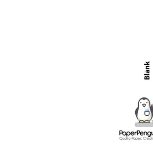 May include: A white greeting card with the word "Blank" in black text. A cartoon penguin with a pencil holder is on the bottom right. The card also features the PaperPenguinCo. logo with the tagline "Quality Paper. Creative Results."
