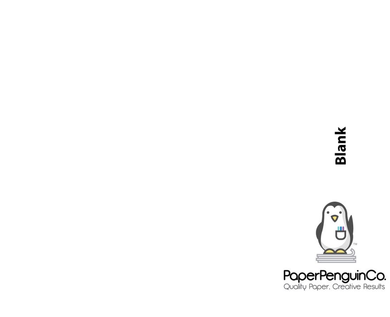 May include: A white greeting card with the word "Blank" in black text. A cartoon penguin with a pencil holder is on the bottom right. The card also features the PaperPenguinCo. logo with the tagline "Quality Paper. Creative Results."