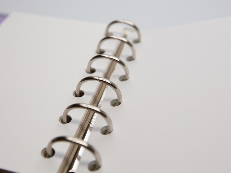 May include: Close-up of a silver metal binder mechanism with six open rings. The rings are attached to a silver metal spine. White paper pages are visible on the right side of the image.