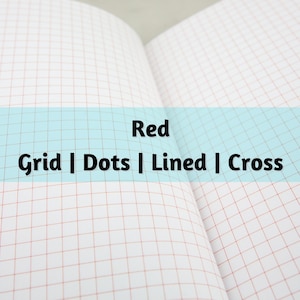May include: Open notebook pages with a red grid pattern. The text "Red Grid | Dots | Lined | Cross" is displayed on a light blue banner across the pages. The pages are white.