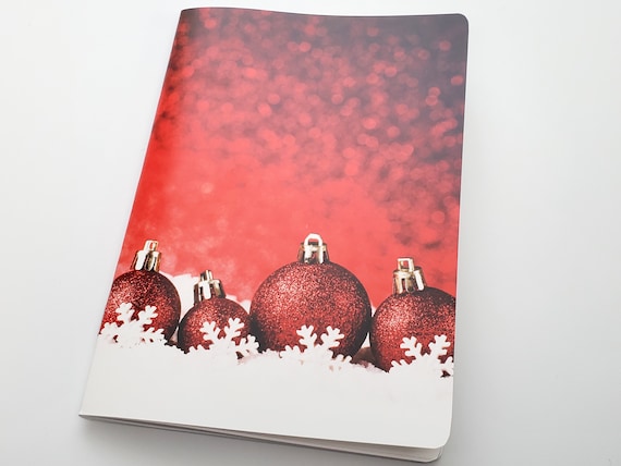 N033: Christmas Red Sparkle Snowflake Ornaments Cover Bright White Paper 118 GSM 40 Pages Notebook