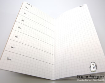 May include: Open weekly planner with grid-lined pages. The left side is labeled with days of the week, and the right side is for notes. A small penguin logo is in the bottom right corner. The planner is open on a white surface.