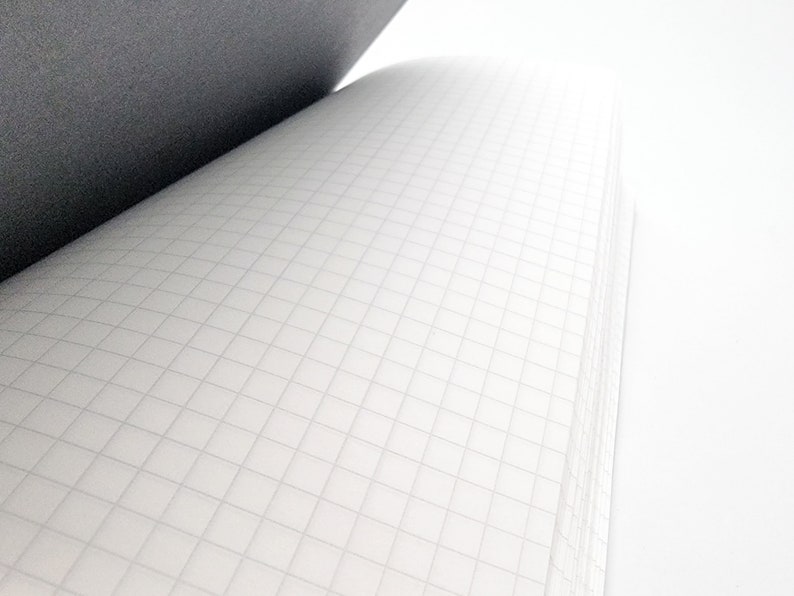 Puede incluir: Cuaderno abierto con papel cuadriculado blanco y una cubierta gris oscuro. Las p&aacute;ginas est&aacute;n ligeramente curvadas, revelando el patr&oacute;n de cuadr&iacute;cula. El cuaderno est&aacute; sobre un fondo blanco, creando una est&eacute;tica limpia y minimalista.