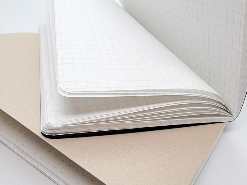 Puede incluir: Dos cuadernos abiertos. Uno est&aacute; abierto, revelando p&aacute;ginas cuadriculadas blancas. El otro est&aacute; cerrado, con una cubierta marr&oacute;n claro. Las p&aacute;ginas son blancas y la encuadernaci&oacute;n es negra.
