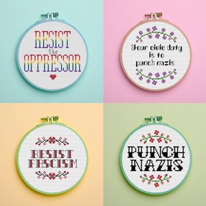 Puede incluir: Cuatro aros de bordado de punto de cruz con declaraciones políticas. El superior izquierdo dice "RESIST THE OPPRESSOR" en colores arcoíris. El superior derecho dice "Your civic duty is to punch nazis". El inferior izquierdo dice "RESIST FASCISM". El inferior derecho dice "PUNCH NAZIS".
