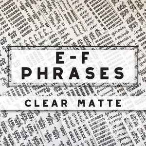May include: Clear matte sticker sheet with the text "E-F PHRASES" in bold black letters. The sheet is surrounded by smaller stickers with various handwritten words like "hair," "groceries," and "event."