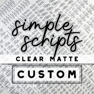 May include: A close-up of a sheet of clear matte stickers with custom handwritten text. The text includes words like "simple scripts", "church", "yoga", "grocery", "coffee", "wash", "week", "read", "to do", "school", "work", and "plan".