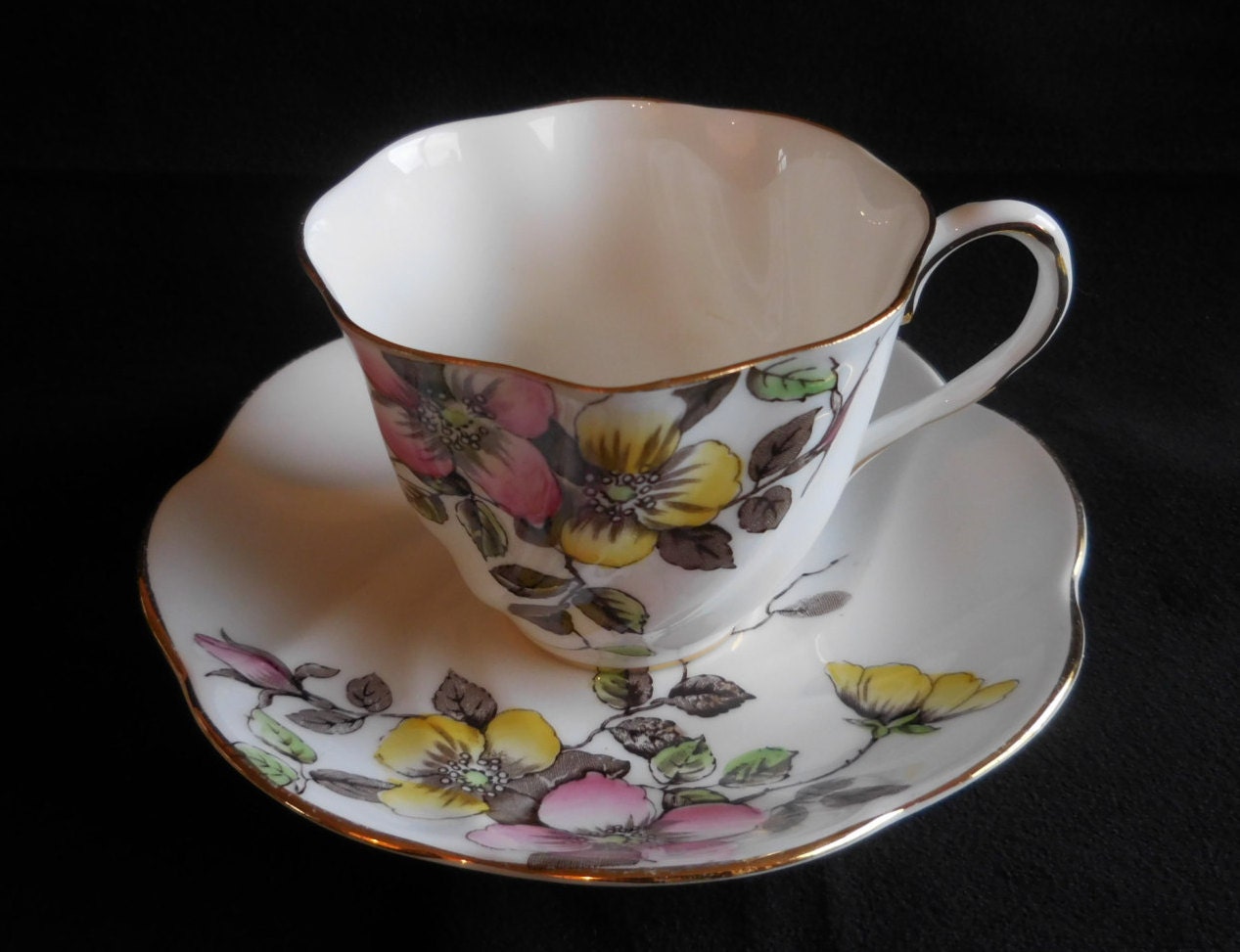Salisbury Wild Rose Bone China Cup and Saucer Pink and Yellow Etsy