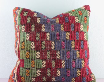 Blue Red Green Kilim Pillow 16X16, Decorative Kilim Pillows, Turkish Kilim Pillow, Red Blue Kilim Cushion, Red Turkish Kilim Pillow Cover