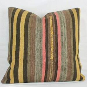 Turkish Kilim Pillow Cover 20x20, Brown Yellow Pink kilim pillow, Boho kilim cushion,Turkish throw pillow, decorative pillows for sofa.