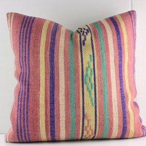 Turkish Kilim Pillow Cover, Cotton Handmade kilim pillow 20x20, Striped kilim cushion, Salmon Yellow Blue Throw pillow, decorative pillow