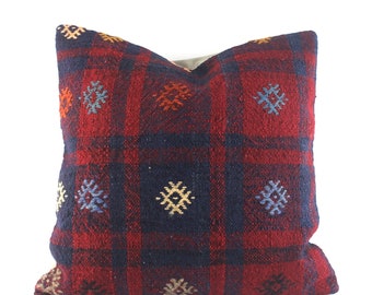 Red and Blue Turkish Kilim Pillow 16X16, Kilim Pillows, Decorative Kilim Pillow Kilim Sofa Pillow, Kilim Cushion, Kilim Pillow Cover,