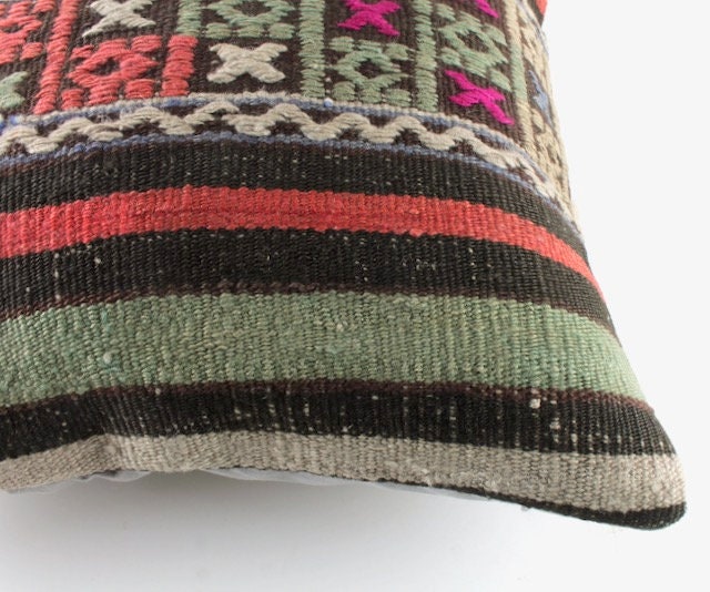 Housse De Coussin Kilim 16x16 Pouces - Unique, Fabriquée à La Main (Fermeture éclair, Motifs Géométriques)