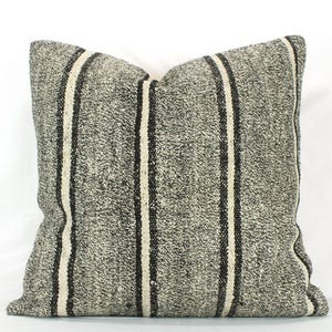 Black & White Turkish Kilim Pillow 24x24, Vintage decorative kilim pillow, Large kilim cushion cover, Black White Striped Kilim pillow