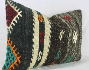 Vintage Turkish Kilim Pillow Cover, Black Beige Wool Lumbar Pillow 16x24