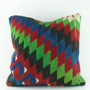 ChevronTurkish kilim pillow cover, Green and Blue kilim pillow 16X16, kilim cushion, decorative pillows for sofa, Turkish pillow