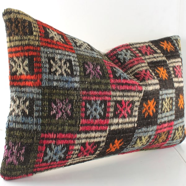 Turkish Colorful Kilim Lumbar Pillow 12x20, lumbar pillow cover, Turkish pillow, kilim pillow , Decorative lumbar pillow,Black Lumbar pillow