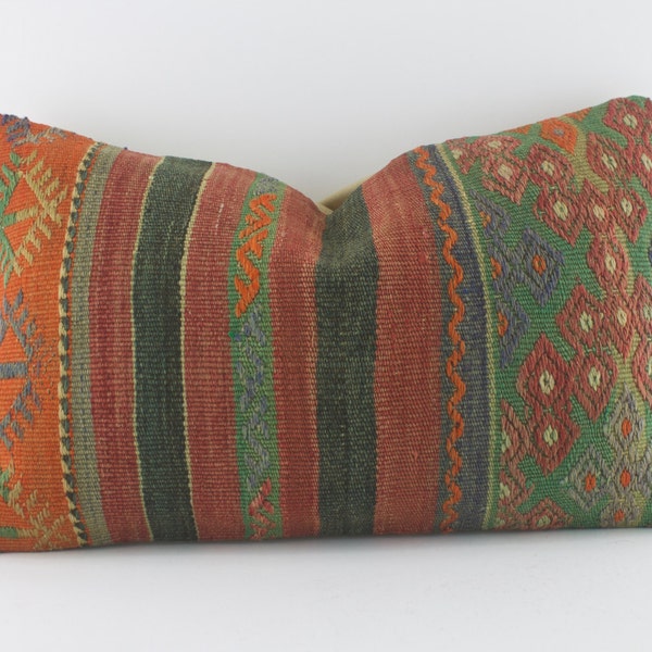 Rust Blue Green Orange Striped Lumbar Kilim Pillow 12X20 Black Kilim Lumbar Couch Pillow Lumbar Throw Pillow Lumbar Rust Sofa Pillow 12X20