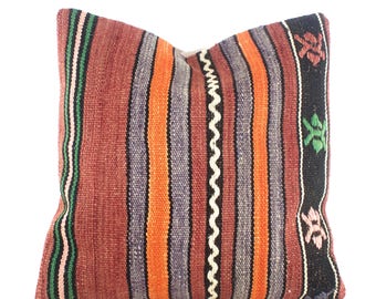 Turkish Vintage kilim pillow 16x16, Striped red and orange kilim pillow cover, kilim pillow 16X16, kilim pillows, kilim cushion