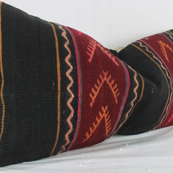 Black Red Turkish kilim pillow cover 12x24,Kilim lumbar Pillow, Boho kilim Cushion,Decorative Turkish accent pillow,  kilim throw cushion