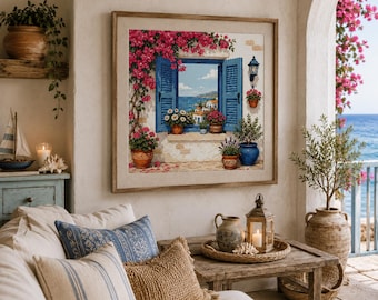 Mediterranean Seaside Window Cross Stitch Pattern: Blue Shutters, Bougainvillea (PDF Download)