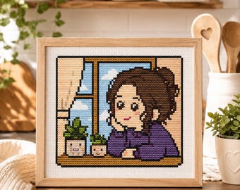Cozy Window Chibi Girl kawaii cross stitch