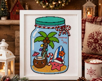 Patrón de punto de cruz para tarro de cristal "Navidad en julio" para decoración navideña y bordado a mano.