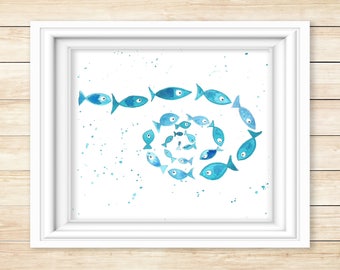 Spiral Blue Funky Fish Watercolor Print