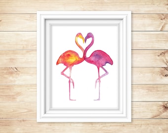 Flamingo Heart Silhouette Watercolor Print